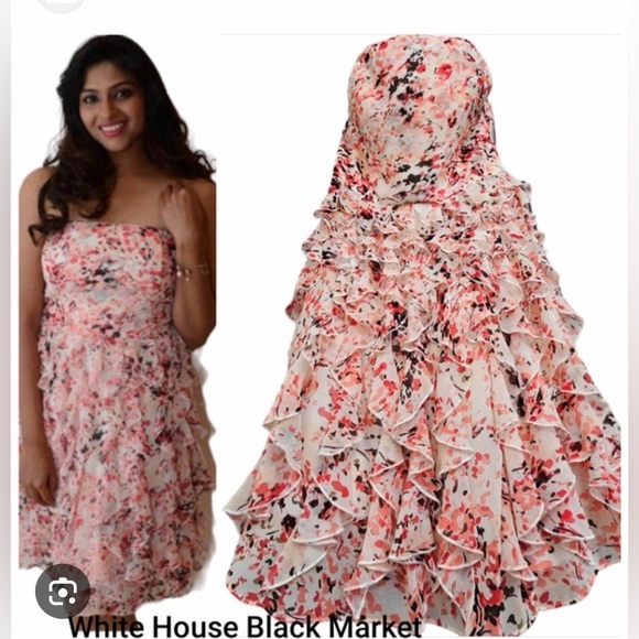 White House Black Market Strapless Watercolor Ruffle Dress NWT Size 10 - Picture 2 of 7